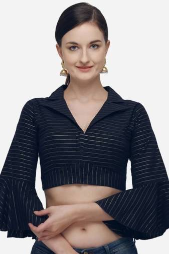 Navy Heavy Cotton Blouse with Long Sleeves & Front Hook