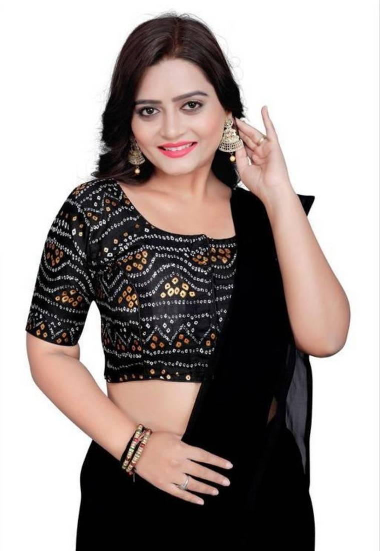 Black Cotton Chunri Blouse with Foil & Front Closure
