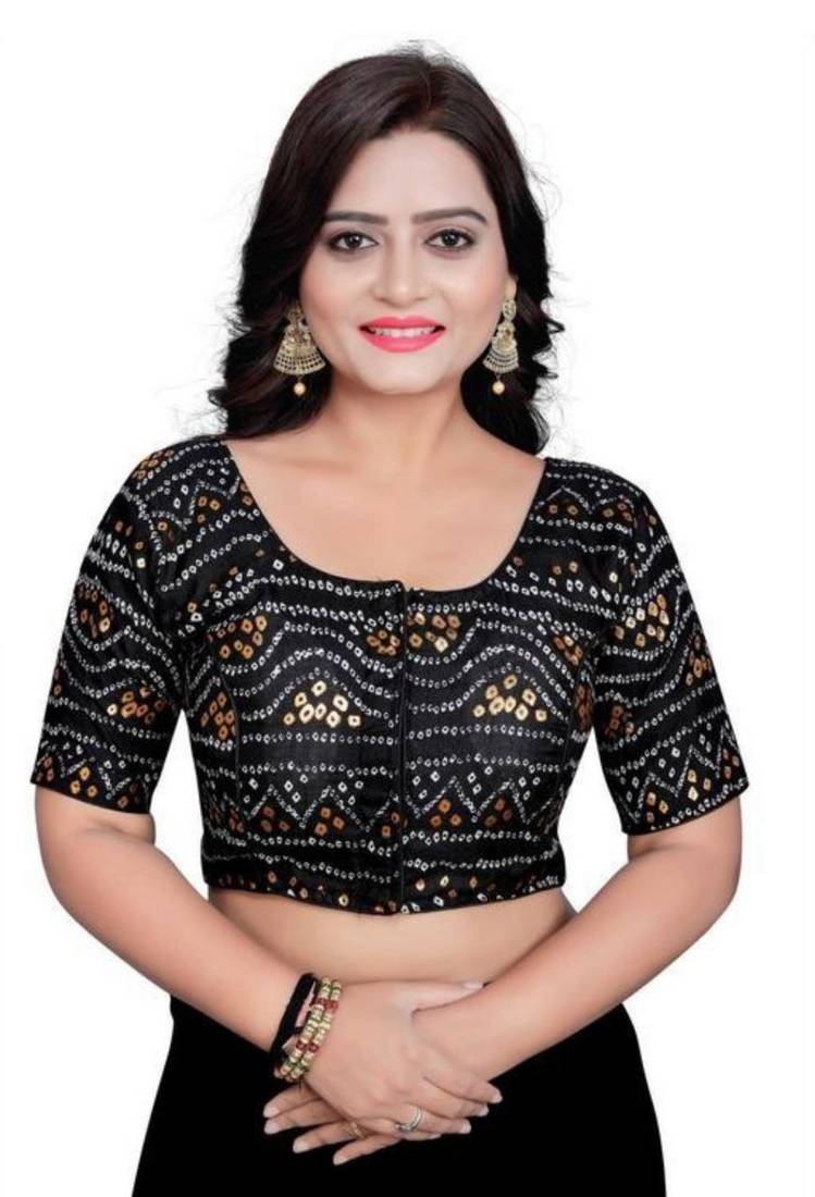 Black Cotton Chunri Blouse with Foil & Front Closure