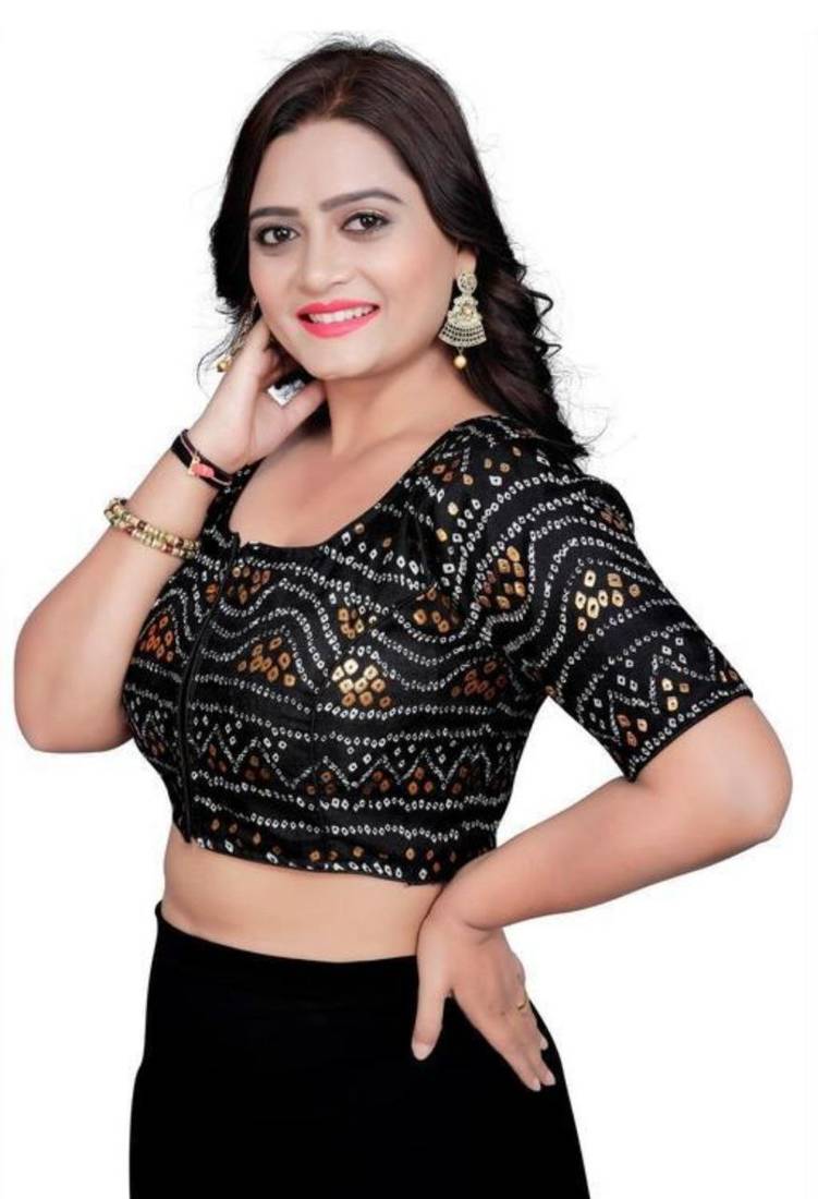 Black Cotton Chunri Blouse with Foil & Front Closure