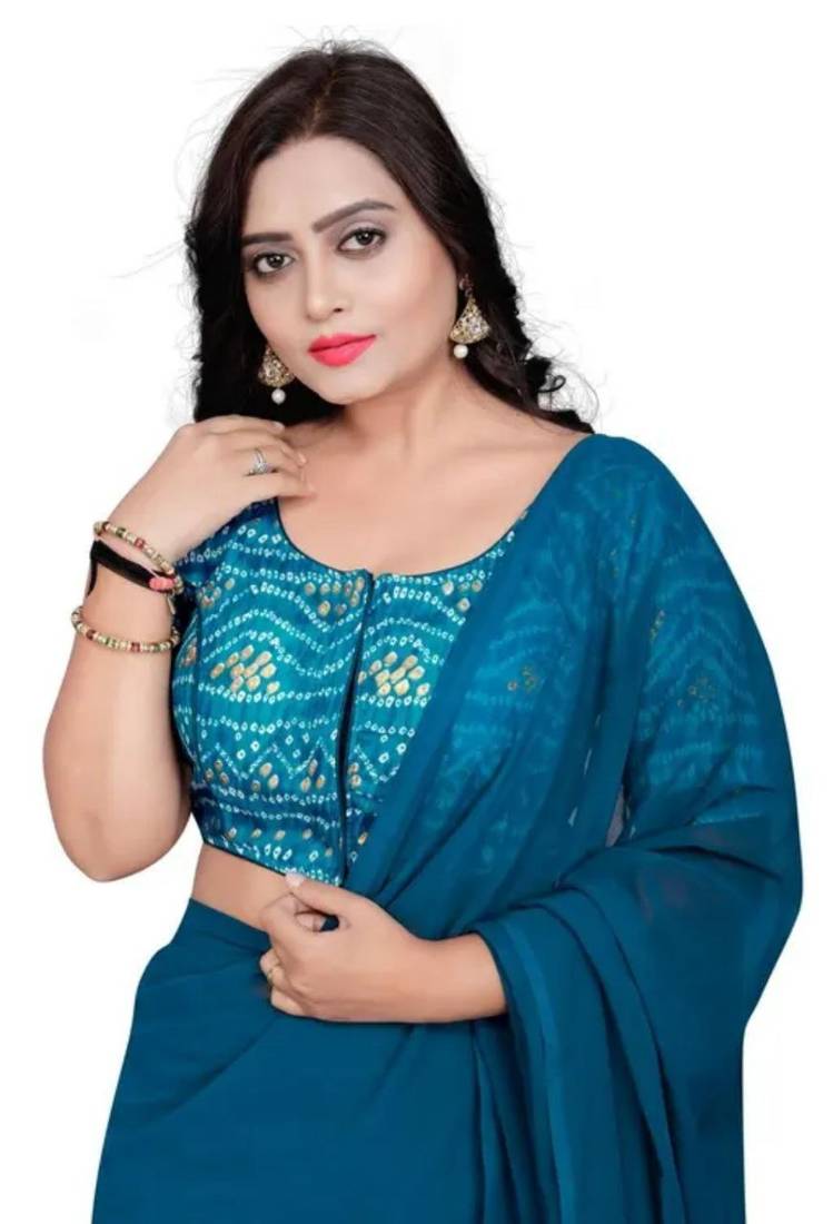 Teal Cotton Chunri Blouse with Foil & Front Closure