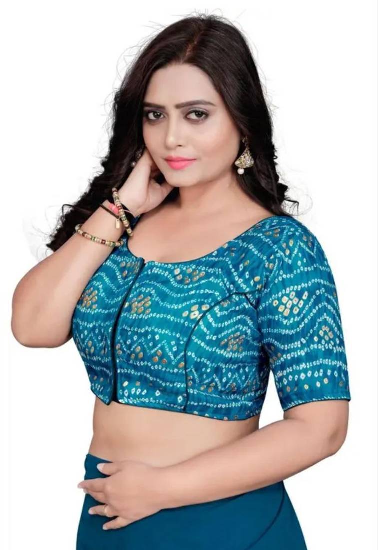 Teal Cotton Chunri Blouse with Foil & Front Closure