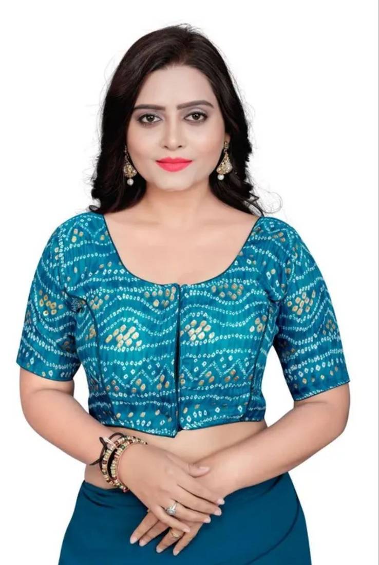 Teal Cotton Chunri Blouse with Foil & Front Closure