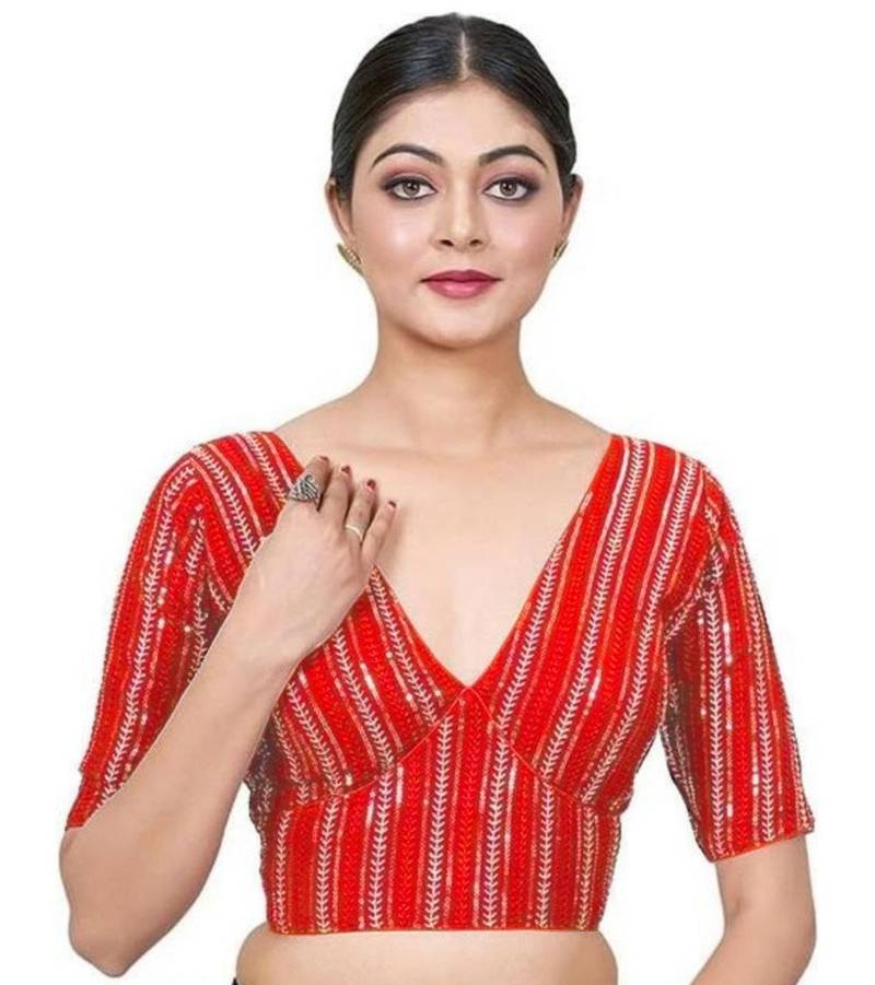 Red Georgette Blouse with Full Embroidery & Short Sleeves