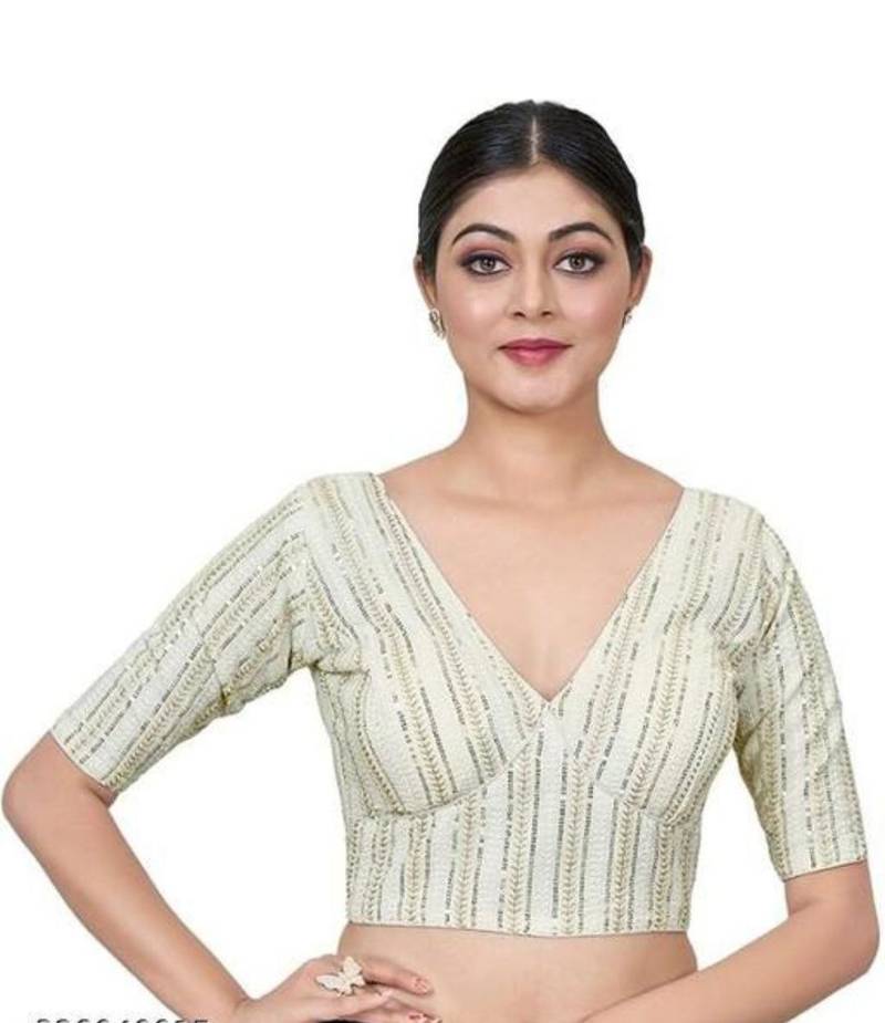 White Georgette Blouse with Full Embroidery & Short Sleeves