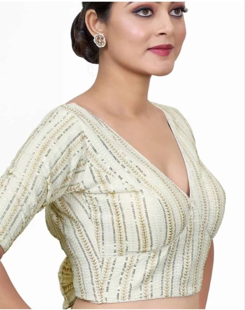 White Georgette Blouse with Full Embroidery & Short Sleeves