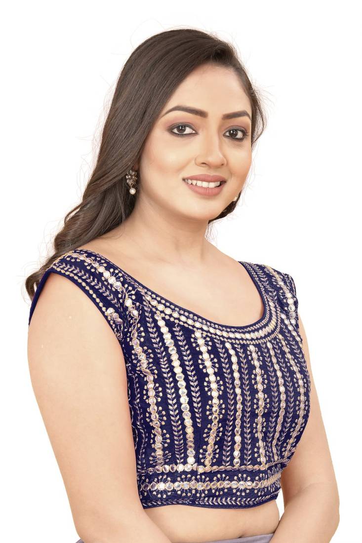 Navy Phantom Silk Blouse with Full Embroidery