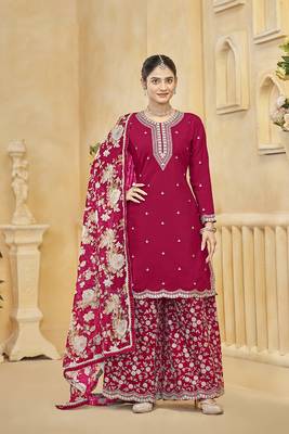 Hot pink embroidered roman silk blend salwar kameez 1
