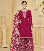 Hot pink embroidered roman silk salwar kameez