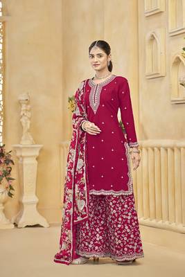 Hot pink embroidered roman silk blend salwar kameez 2