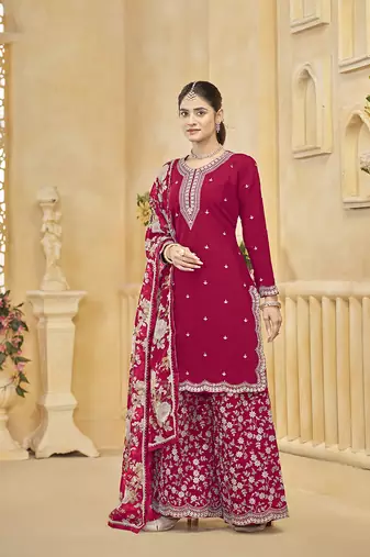 Hot pink embroidered roman silk blend salwar kameez