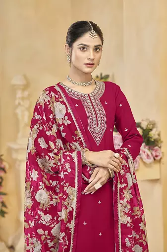 Hot pink embroidered roman silk blend salwar kameez