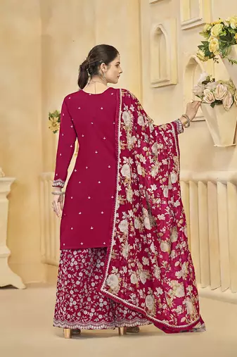 Hot pink embroidered roman silk blend salwar kameez