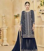 Faux georgette dark blue embroidered salwar kameez