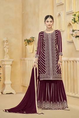 Faux georgette dark maroon embroidered salwar kameez 1