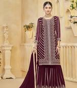 Faux georgette dark maroon embroidered salwar kameez