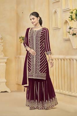 Faux georgette dark maroon embroidered salwar kameez 2