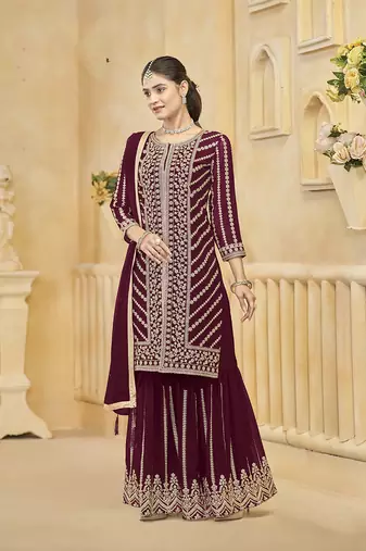 Faux georgette dark maroon embroidered salwar kameez