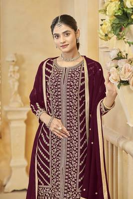 Faux georgette dark maroon embroidered salwar kameez 3