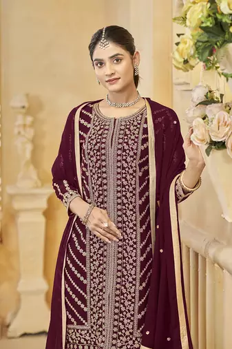 Faux georgette dark maroon embroidered salwar kameez