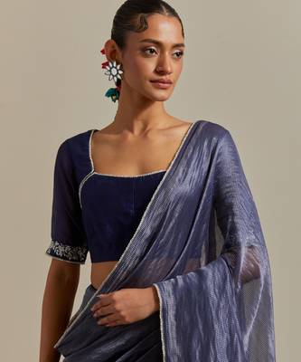 A blue chanderi striped saree with pearl lace detailing 2