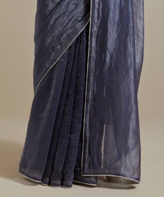 A blue chanderi striped saree with pearl lace detailing 4