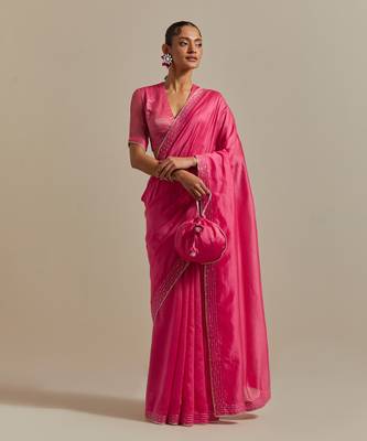 Embroidered chanderi saree paired with a striped blouse 2