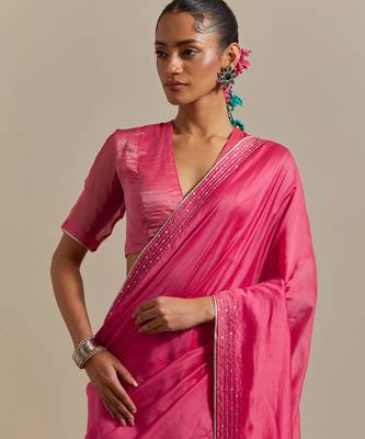 Embroidered chanderi saree paired with a striped blouse 5