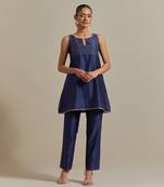 Blue intricately embroidered a-line short kurta set