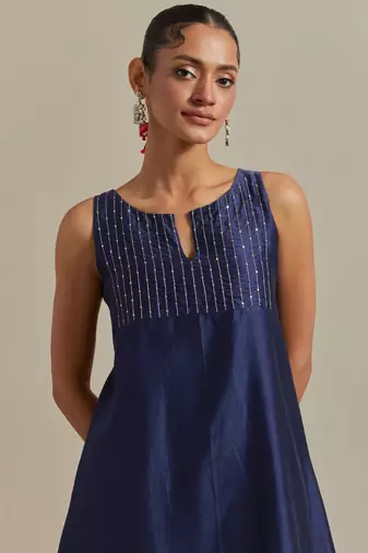 Blue intricately embroidered a-line short kurta set