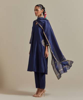 Blue front pleated a-line embroidered kurta set 1