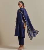 Blue front pleated a-line embroidered kurta set