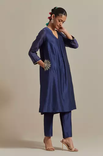 Blue front pleated a-line embroidered kurta set