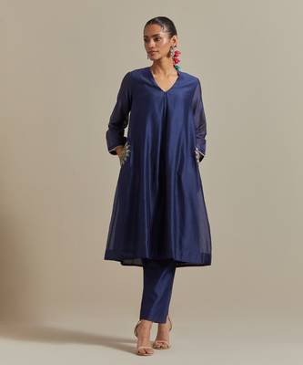 Blue front pleated a-line embroidered kurta set 3