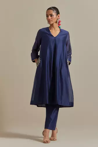 Blue front pleated a-line embroidered kurta set