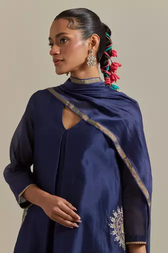 Blue front pleated a-line embroidered kurta set