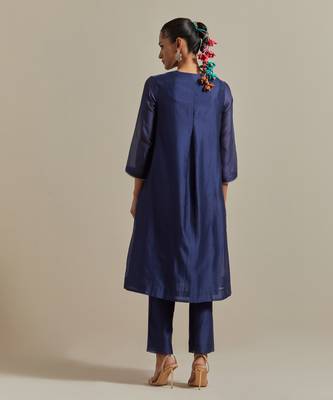 Blue front pleated a-line embroidered kurta set 5