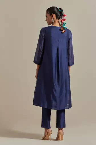 Blue front pleated a-line embroidered kurta set