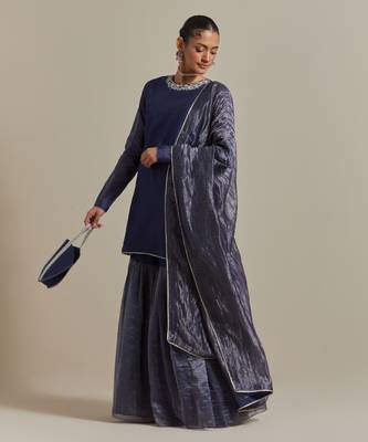 Blue a blue chanderi embroidered jeweled neck kurta set 1