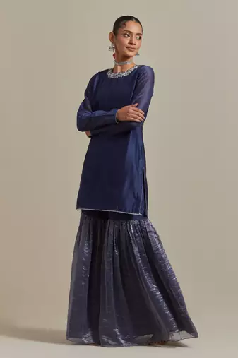 Blue a blue chanderi embroidered jeweled neck kurta set