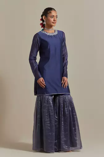 Blue a blue chanderi embroidered jeweled neck kurta set