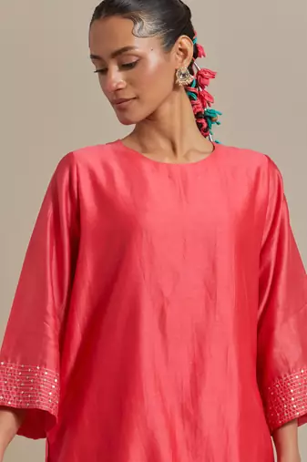 Pink chanderi embroidered short kurta set