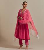 Pink chanderi intricate embroidery kurta dupatta set