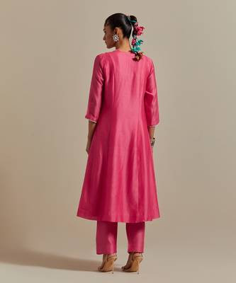 Pink chanderi intricate embroidery kurta dupatta set 2