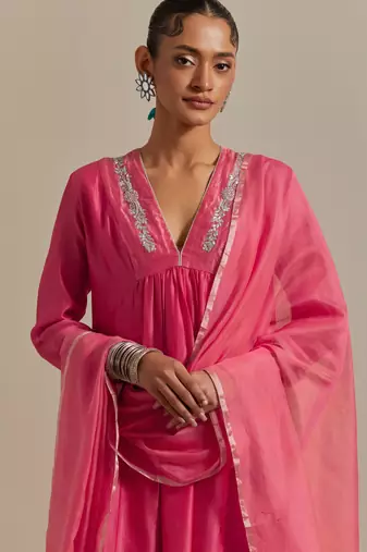 Pink chanderi intricate embroidery kurta dupatta set