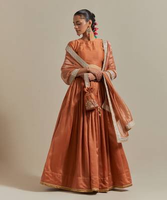 Saffron Brown Chanderi- Skirt With Side Zip Closure 1