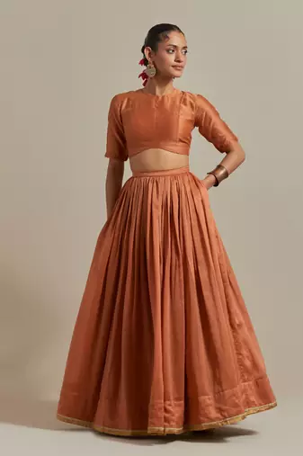 Saffron Brown Chanderi- Skirt With Side Zip Closure