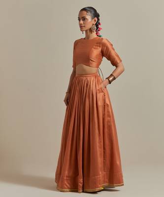 Saffron Brown Chanderi- Skirt With Side Zip Closure 3