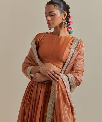 Saffron Brown Chanderi- Skirt With Side Zip Closure 4