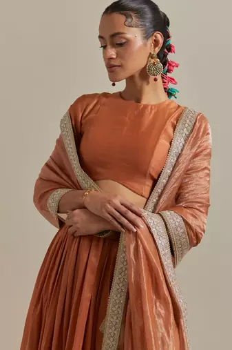 Saffron Brown Chanderi- Skirt With Side Zip Closure